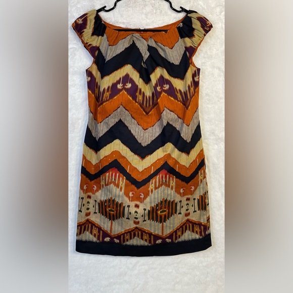 Adrianna Papell Womens 4P Burnt Orange Chevron Mini Dress Lined Pockets Pullover - Picture 1 of 16